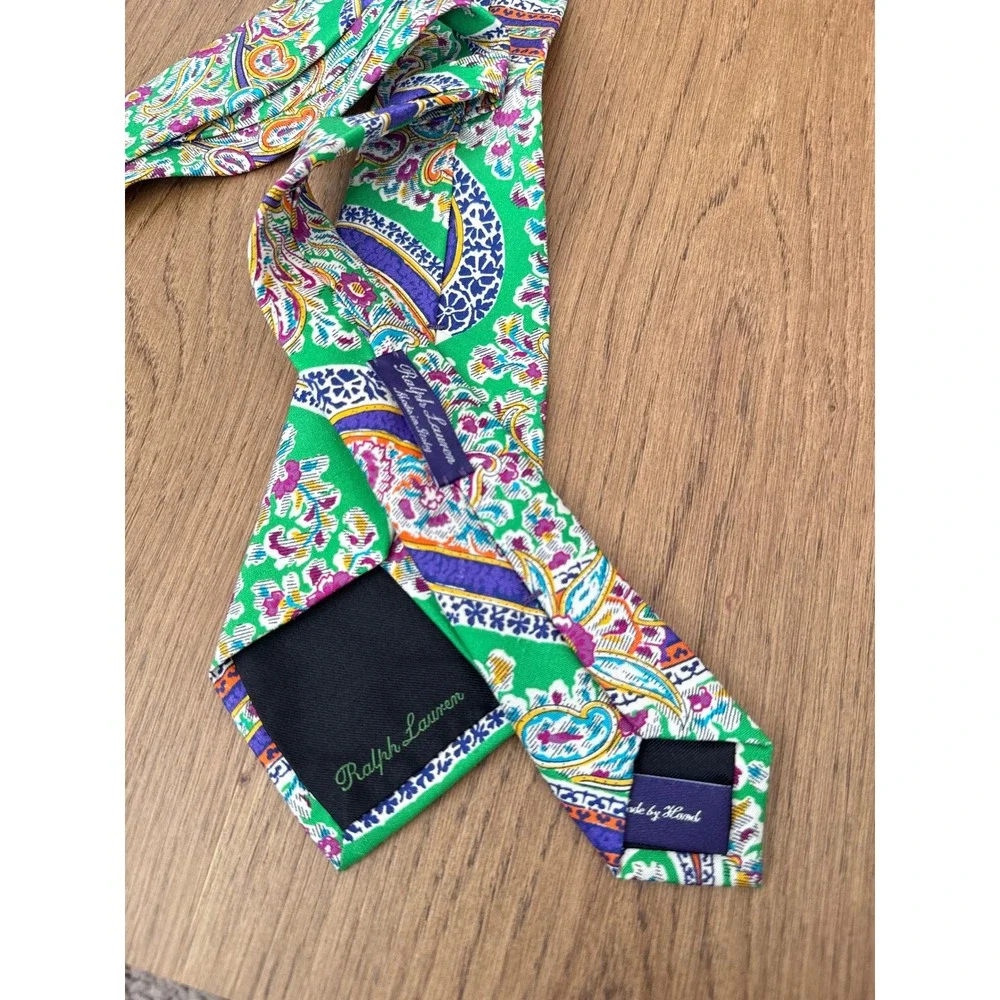Ralph Lauren Purple Label Green Paisley Silk Tie Multi Color Handmade Classic